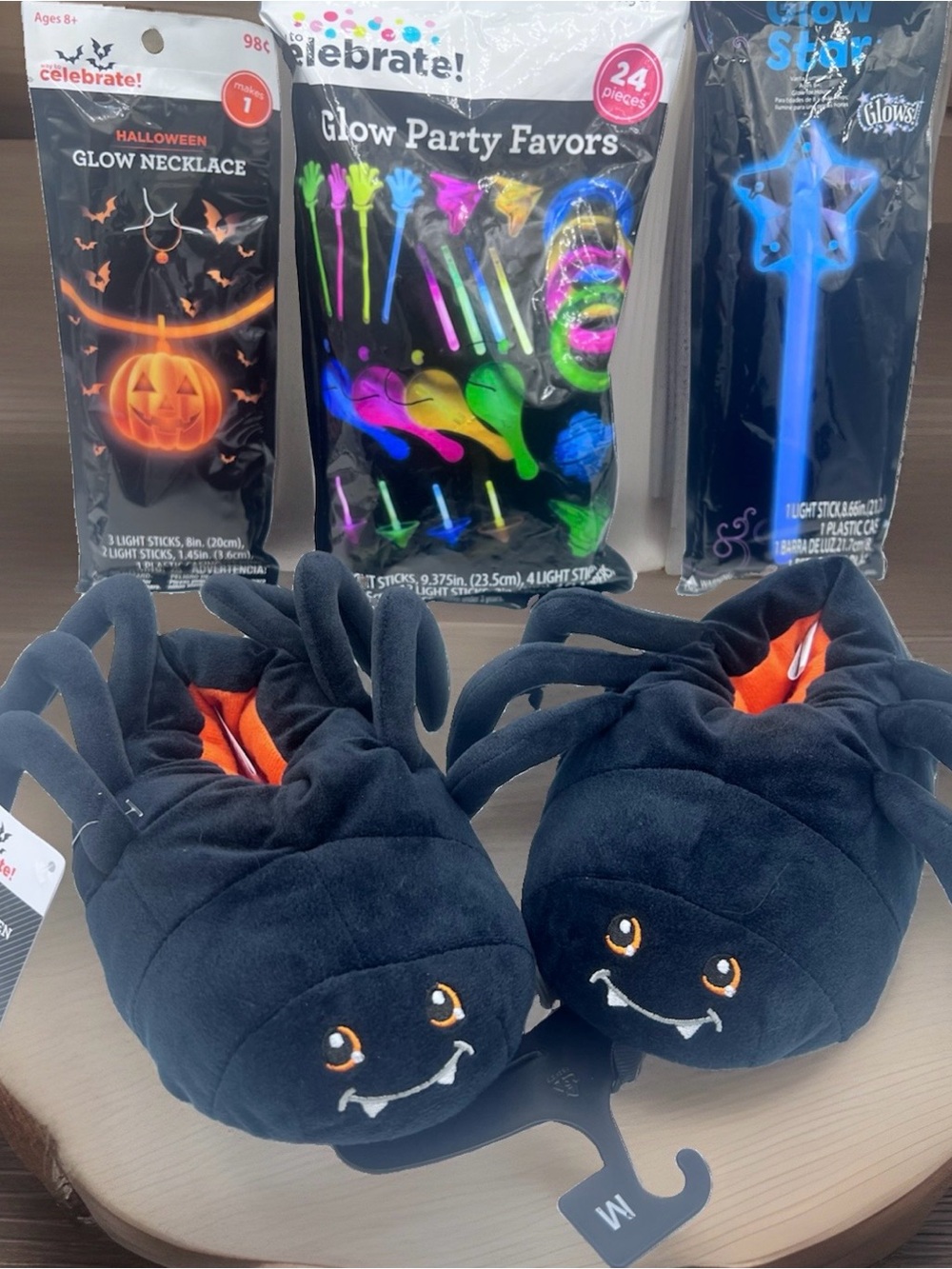 Celebrate Halloween Kids Black Spider Critter Slippers M (11-12) & Glow Toy Lot